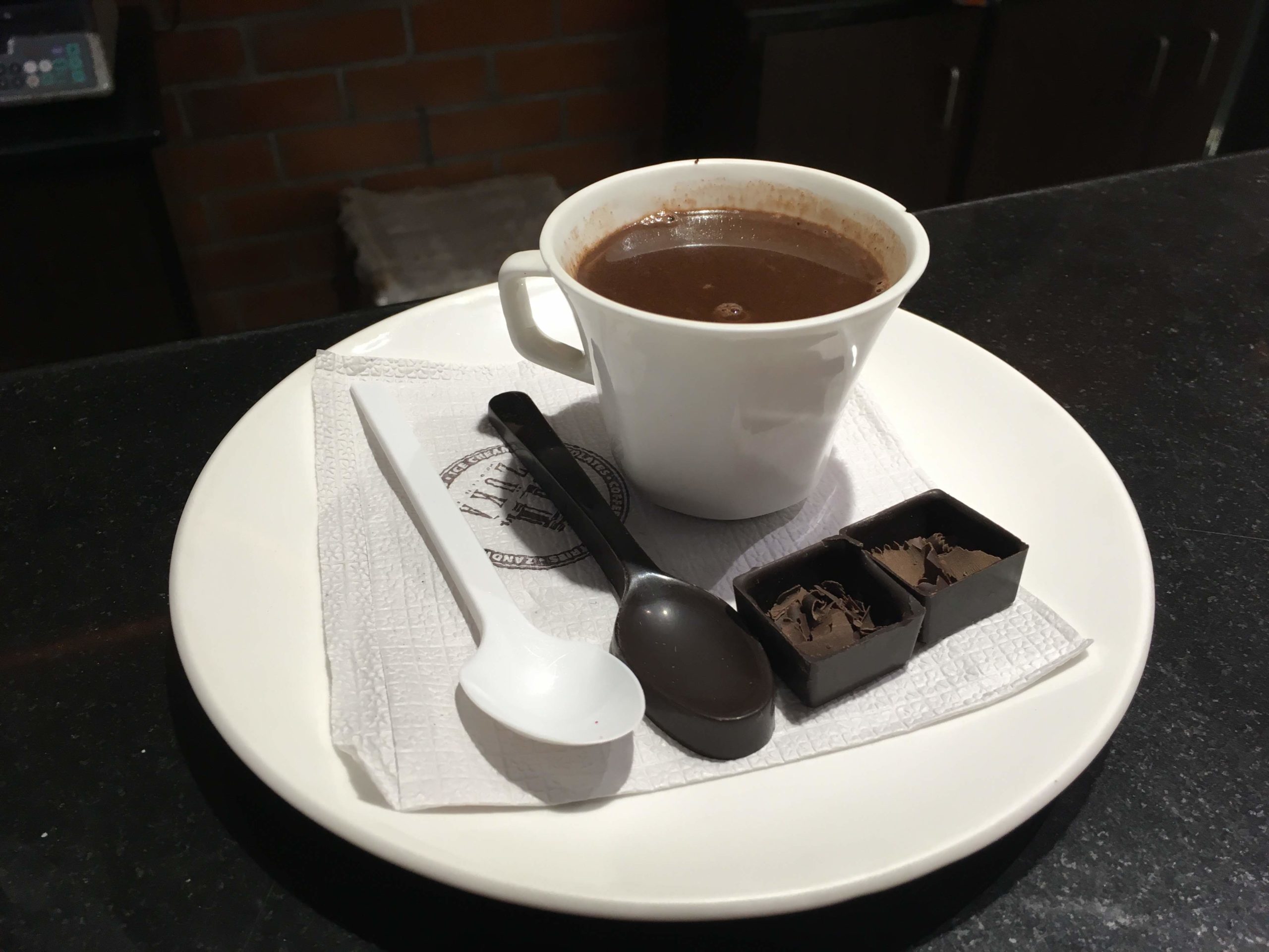 Chocolate spoon with the molten Chocolate drink at Cafe Zuka, Pondicherry